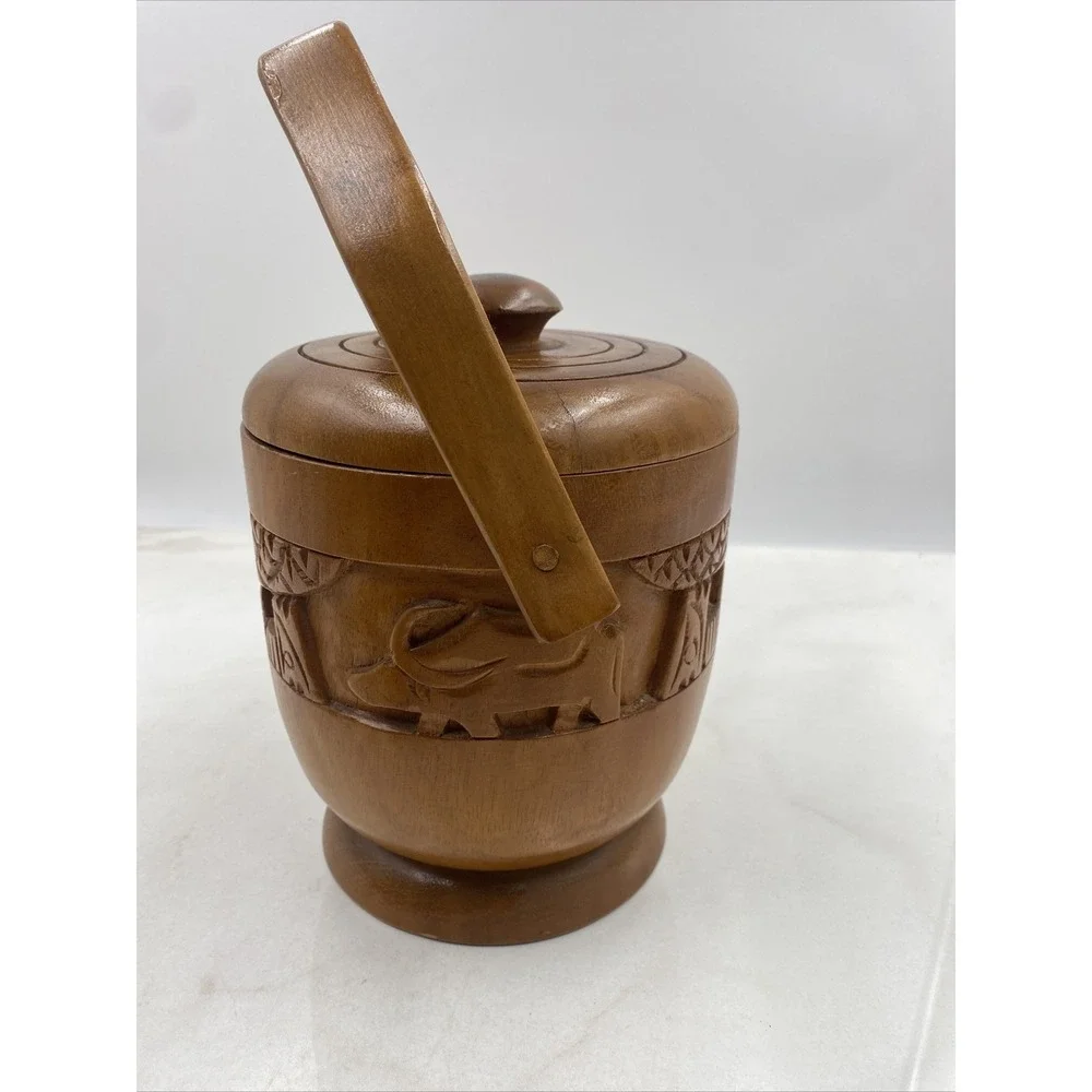 Vintage Ice Bucket Teak Wood Hand Carved VILLAGE Made in Philippines HANDLE